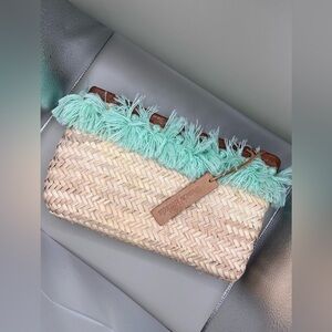 French Baskets Straw Clutch Bags PomPom lagoon